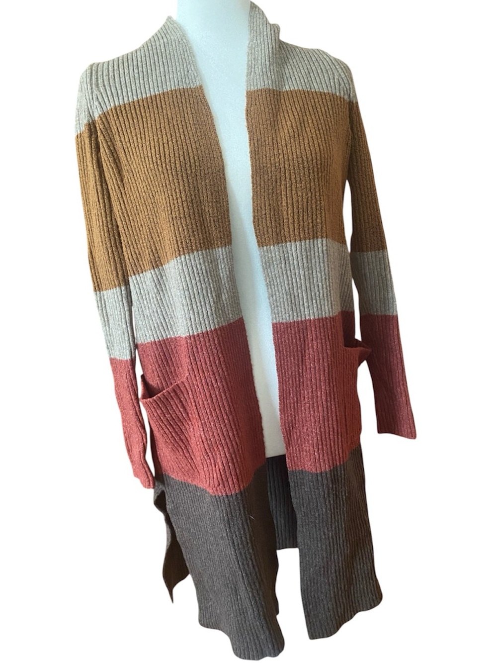 LOFT Long Colorblock Ribbed Open Front Cardigan Sweater Small